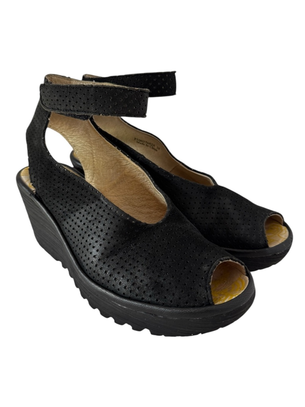 Fly London Leather Slingback Wedge Sandals 38 US 7.5 Black Perforated Shoe VGUC